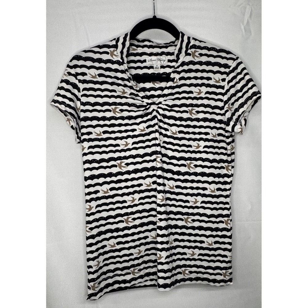 Women's Twist Front V-Neck Top‎ Size M Black White Bird Print Performance Golf